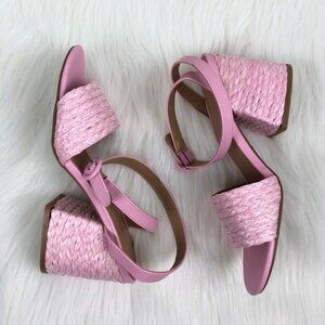Bamboo Maddy Braided Raffia Open Toe Buckle Strap Block Heel Sandals Pink